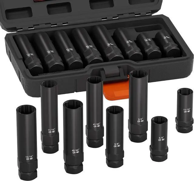 Main image of 8-Piece Spline Lug Nut Removal Tool Kit - Master Key Set for Stripped Frozen Rusted Wheel Locks - Removing 5, 6, 7, 12 Spline & Hex Wheel Locks