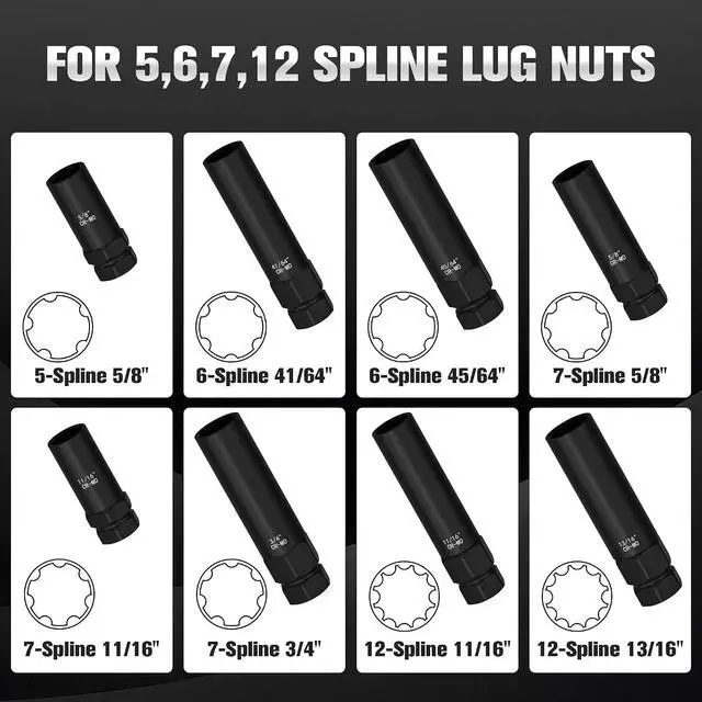 Alt view image 2 of 6 - 8-Piece Spline Lug Nut Removal Tool Kit - Master Key Set for Stripped Frozen Rusted Wheel Locks - Removing 5, 6, 7, 12 Spline & Hex Wheel Locks