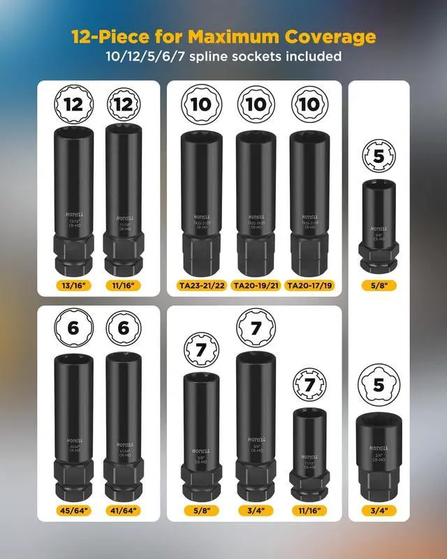 Alt view image 2 of 7 - 5/6/7/10/12 Spline Lug Nut Socket Set, 12 Pcs Locking Lug Nut Key
