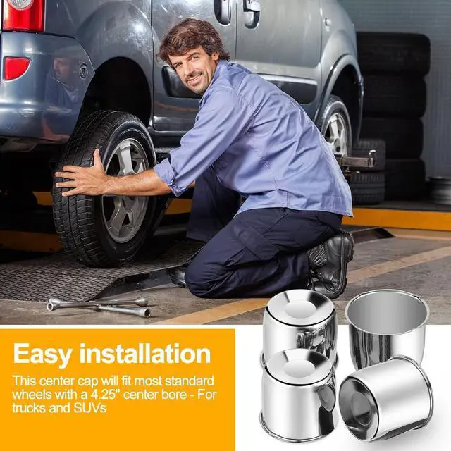 Alt view image 7 of 7 - 4 Pcs 4.25 Inch Wheel Center Caps Sliver Push Through Trailer Center Caps Carbon Steel for Rims Truck Auto