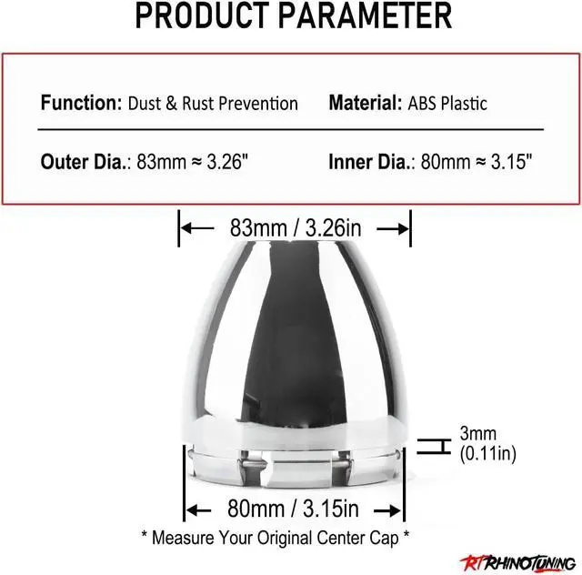 Alt view image 2 of 7 - 4 PCS 3.26" Bore Dome Center Cap for Rim 3 1/4" Wheel Center Caps, OD: 3.26"(83 mm) ID: 3.15"(80 mm) Wheel Caps Hubcaps, Chrome Silver