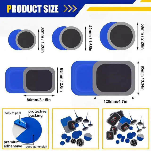 Alt view image 2 of 7 - 74 Pcs Heavy Duty Tire Patches Kit Rubber Radial Tire Repair Patch Plug Kit Repair Emergency Tool for Puncture Car Truck Bus Tractor Vehicle Motorcycle 32mm, 42mm, 58mm, 65x80mm, 85x120 mm
