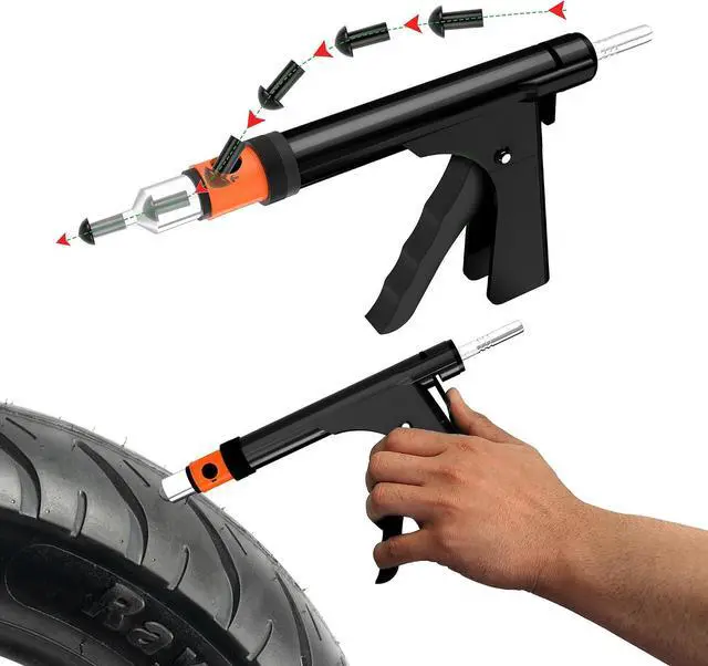 Main image of Tubeless Tire Gun Puncture Repair Kit with Mushroom Plug for Tyre Punctures and Flats on Cars, Motorcycles, ATV, Trucks & Tractors (Gun Puncture Kit with Hole 15 Plugs, Black)
