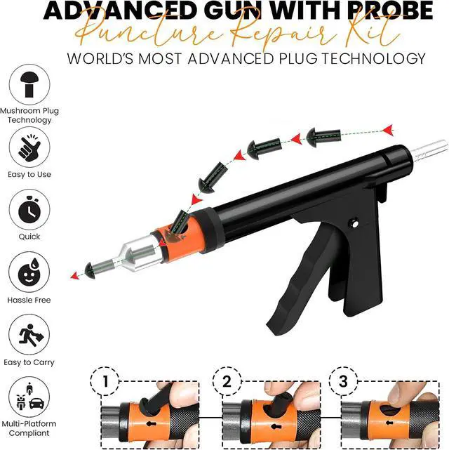 Alt view image 3 of 7 - Tubeless Tire Gun Puncture Repair Kit with Mushroom Plug for Tyre Punctures and Flats on Cars, Motorcycles, ATV, Trucks & Tractors (Gun Puncture Kit with Hole 15 Plugs, Black)