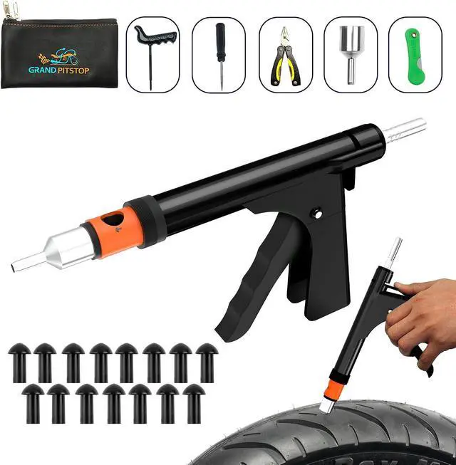 Alt view image 2 of 7 - Tubeless Tire Gun Puncture Repair Kit with Mushroom Plug for Tyre Punctures and Flats on Cars, Motorcycles, ATV, Trucks & Tractors (Gun Puncture Kit with Hole 15 Plugs, Black)
