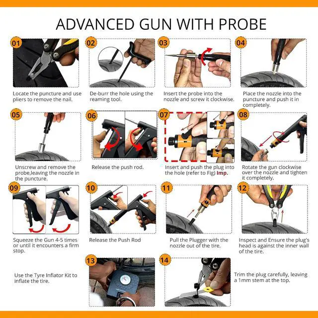 Alt view image 7 of 7 - Tubeless Tire Gun Puncture Repair Kit with Mushroom Plug for Tyre Punctures and Flats on Cars, Motorcycles, ATV, Trucks & Tractors (Gun Puncture Kit with Hole 15 Plugs, Black)