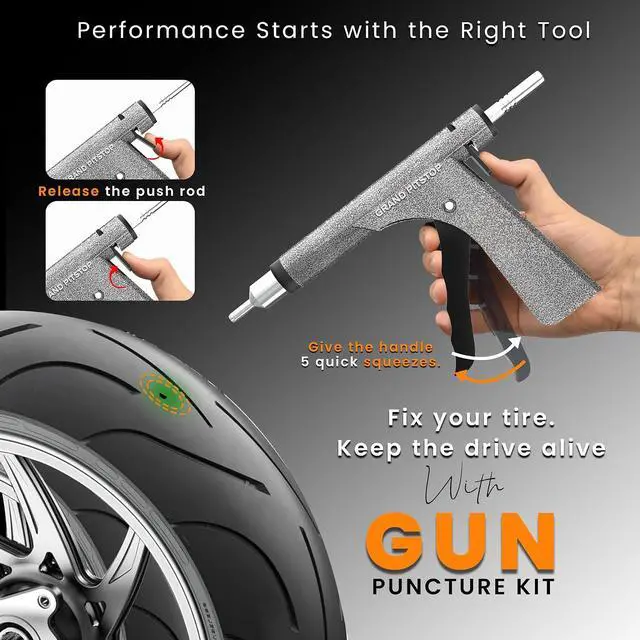 Alt view image 2 of 7 - Tubeless Tire Gun Puncture Repair Kit with Mushroom Plug for Tyre Punctures and Flats on Cars, Motorcycles, ATV, Trucks & Tractors (Gun Kit Antic Silver)