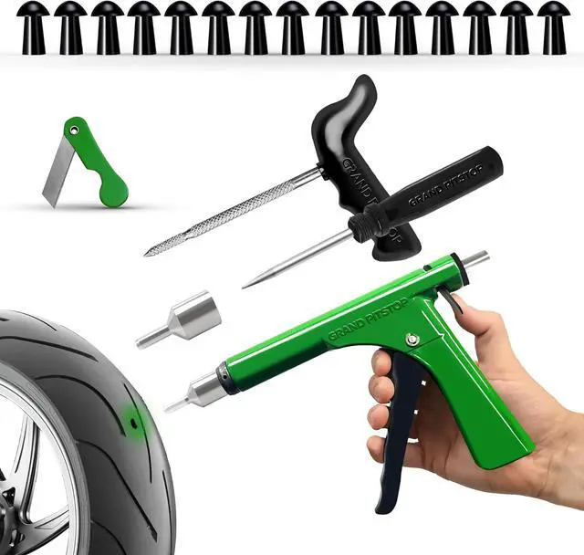 Main image of Tubeless Tire Gun Puncture Repair Kit with Mushroom Plug for Tyre Punctures and Flats on Cars, Motorcycles, ATV, Trucks & Tractors (Gun Puncture kit 15 Plugs, Green)