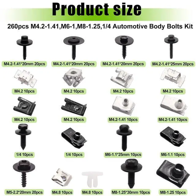 Alt view image 2 of 6 - 260PCS U-Nut Clips & Automotive Body Fender Bolts Kit,for Most Cars Fender,Engine Undertray Cover, Engine Cover & Bumper Fender Liner