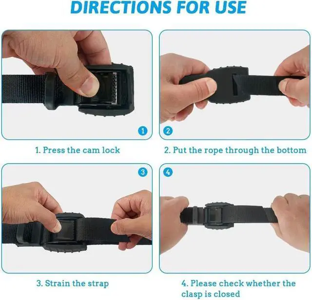 Alt view image 4 of 6 - Mind and Action 16 Foot Sturdy Tie Down Strap Lashing Strap with Rubber Padded Cam Lock Buckle,for Car Roof Rack,Kayak Canoe SUP Surfboard Tie Down,Boat Trailer Tow Straps (Black 8 Pack)