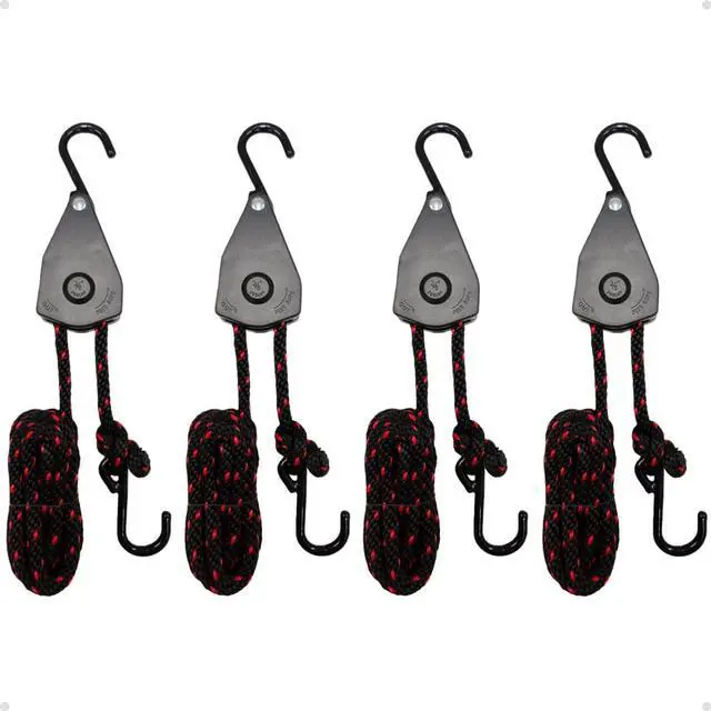 Main image of 3/8" Retractable Tie Down Rope: 4 Pack of Adjustable Ratchet Hangers - Durable Bushcraft Gear and Hunting Essentials