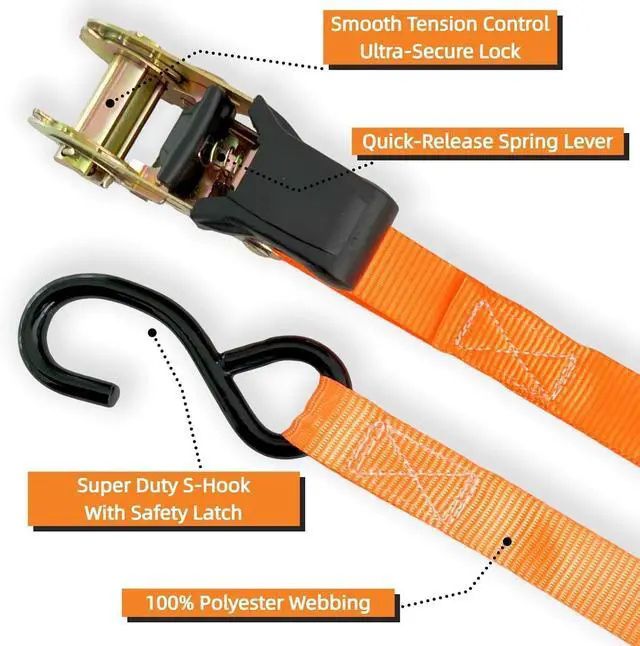 Alt view image 4 of 7 - 8PK Ratchet Tie Down Straps - 1in x 16feet, 1760LBS Break Strength, 8 Soft Loops, Wear-Resistant Webbing with Non-Slip Rubber Handle, S-Hooks & Storage Bag