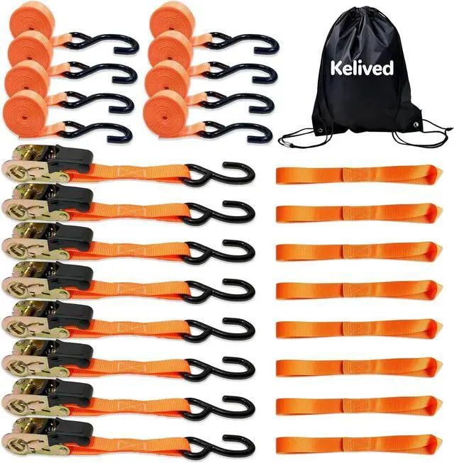 Main image of 8PK Ratchet Tie Down Straps - 1in x 16feet, 1760LBS Break Strength, 8 Soft Loops, Wear-Resistant Webbing with Non-Slip Rubber Handle, S-Hooks & Storage Bag