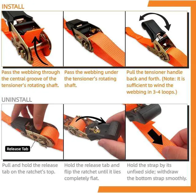 Alt view image 5 of 7 - 8PK Ratchet Tie Down Straps - 1in x 16feet, 1760LBS Break Strength, 8 Soft Loops, Wear-Resistant Webbing with Non-Slip Rubber Handle, S-Hooks & Storage Bag