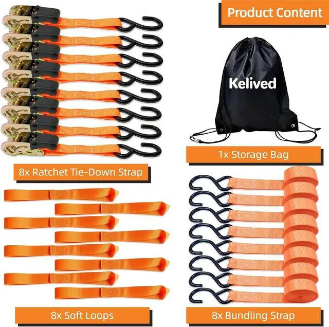 Alt view image 7 of 7 - 8PK Ratchet Tie Down Straps - 1in x 16feet, 1760LBS Break Strength, 8 Soft Loops, Wear-Resistant Webbing with Non-Slip Rubber Handle, S-Hooks & Storage Bag