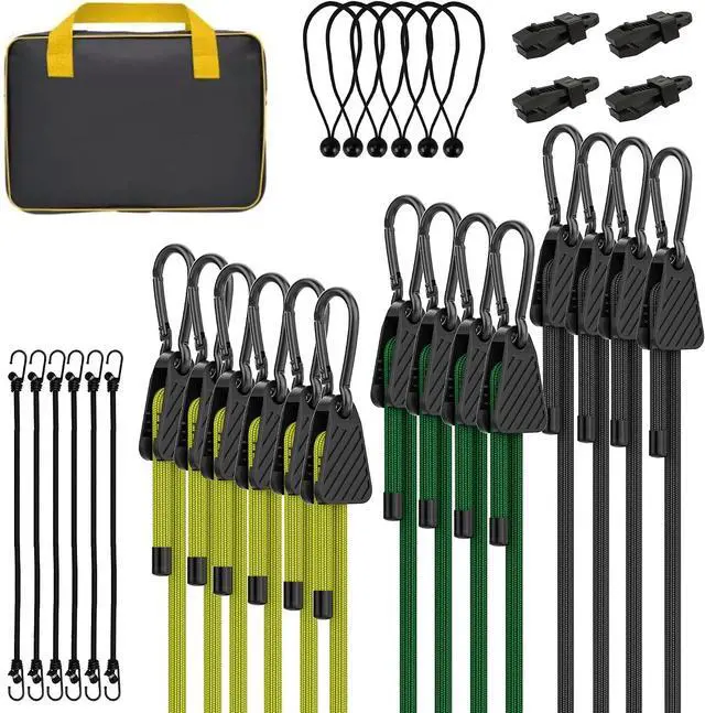 Main image of Bungee Cords with Hooks, Upgrade 30pcs Assortment Heavy Duty Outdoor with 24'' 32'' 48'' Adjustable Bungee Cords, 10'' J Hooks Cord, 6" Canopy Tarp Ball Ties and Tarp Clips Drawstring Organizer Bag