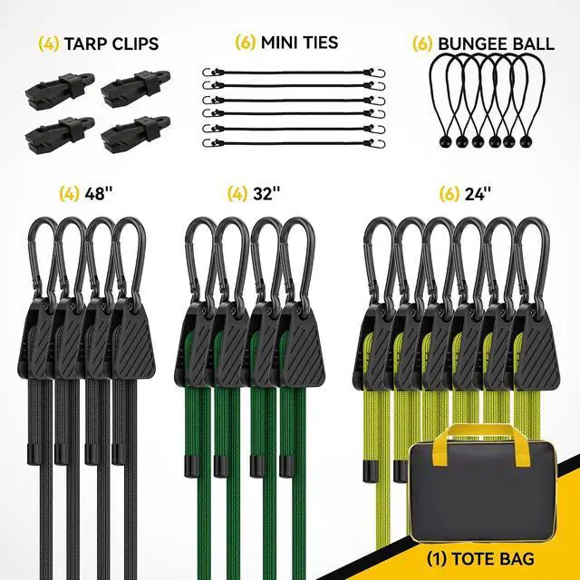 Alt view image 2 of 7 - Bungee Cords with Hooks, Upgrade 30pcs Assortment Heavy Duty Outdoor with 24'' 32'' 48'' Adjustable Bungee Cords, 10'' J Hooks Cord, 6" Canopy Tarp Ball Ties and Tarp Clips Drawstring Organizer Bag