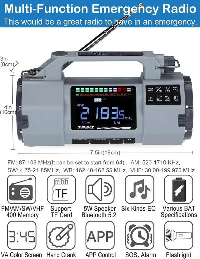 Alt view image 2 of 7 - Emergency Radio with Bluetooth, Multi-Function Portable Radios with LCD VA Display, FM/MW/SW/VHF/WB Receiver with Alerts, Hand Crank/Solar/USB Charging, 5000mAh for Emergencies ZWS-908(Grey)