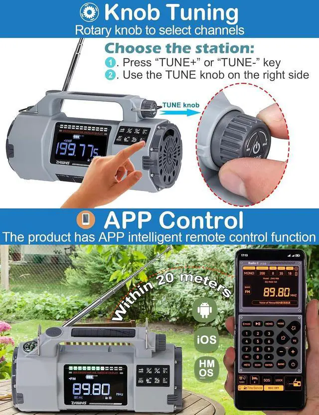Alt view image 3 of 7 - Emergency Radio with Bluetooth, Multi-Function Portable Radios with LCD VA Display, FM/MW/SW/VHF/WB Receiver with Alerts, Hand Crank/Solar/USB Charging, 5000mAh for Emergencies ZWS-908(Grey)