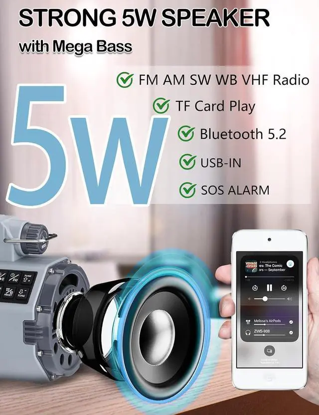 Alt view image 5 of 7 - Emergency Radio with Bluetooth, Multi-Function Portable Radios with LCD VA Display, FM/MW/SW/VHF/WB Receiver with Alerts, Hand Crank/Solar/USB Charging, 5000mAh for Emergencies ZWS-908(Grey)