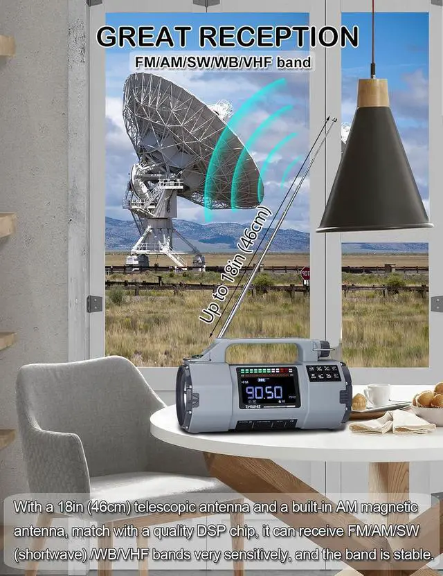 Alt view image 6 of 7 - Emergency Radio with Bluetooth, Multi-Function Portable Radios with LCD VA Display, FM/MW/SW/VHF/WB Receiver with Alerts, Hand Crank/Solar/USB Charging, 5000mAh for Emergencies ZWS-908(Grey)
