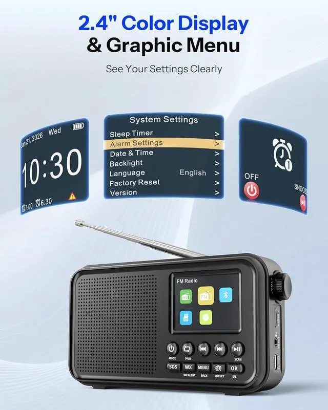 Alt view image 2 of 7 - Portable Radio, FM Radio with 40 Presets, NOAA Weather Alert, Bluetooth 5.0 Speaker with 6 EQ, Dual Alarm Clock Sleep Timer, 2.4" Color Screen, 3000mAh Rechargeable Battery for Home & Outdoor