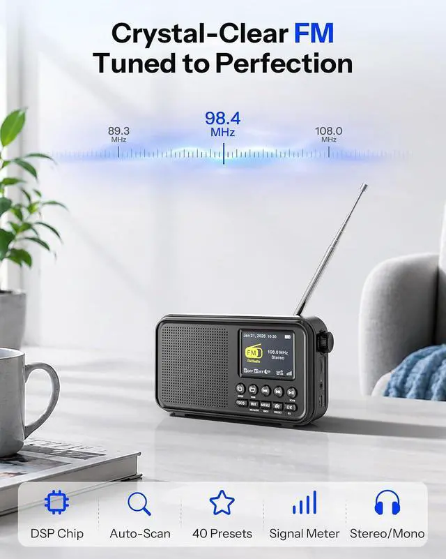 Alt view image 4 of 7 - Portable Radio, FM Radio with 40 Presets, NOAA Weather Alert, Bluetooth 5.0 Speaker with 6 EQ, Dual Alarm Clock Sleep Timer, 2.4" Color Screen, 3000mAh Rechargeable Battery for Home & Outdoor
