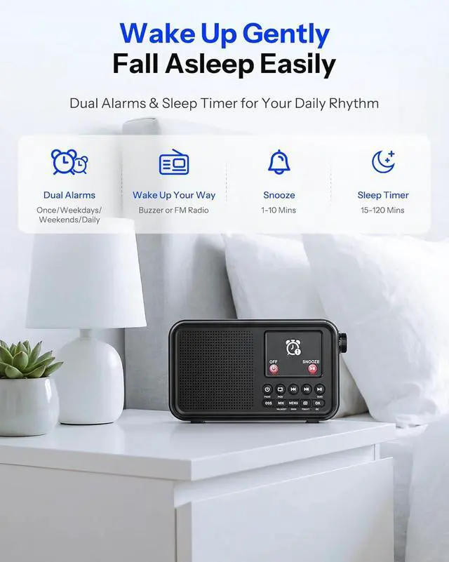 Alt view image 7 of 7 - Portable Radio, FM Radio with 40 Presets, NOAA Weather Alert, Bluetooth 5.0 Speaker with 6 EQ, Dual Alarm Clock Sleep Timer, 2.4" Color Screen, 3000mAh Rechargeable Battery for Home & Outdoor