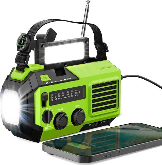 Main image of NOAA Emergency Weather Radio A6 19240mWh Portable Power Bank, AM/FM, USB/Solar/Hand Crank Charging, Battery Operated, SOS Alarm & Flashlight for Indoor/Outdoor Emergency - Green