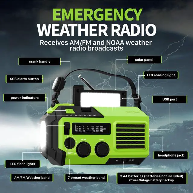 Alt view image 2 of 7 - NOAA Emergency Weather Radio A6 19240mWh Portable Power Bank, AM/FM, USB/Solar/Hand Crank Charging, Battery Operated, SOS Alarm & Flashlight for Indoor/Outdoor Emergency - Green