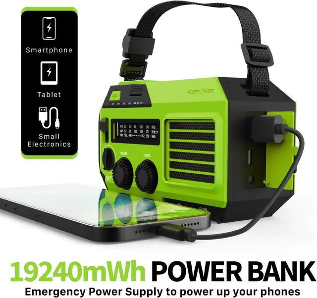 Alt view image 3 of 7 - NOAA Emergency Weather Radio A6 19240mWh Portable Power Bank, AM/FM, USB/Solar/Hand Crank Charging, Battery Operated, SOS Alarm & Flashlight for Indoor/Outdoor Emergency - Green