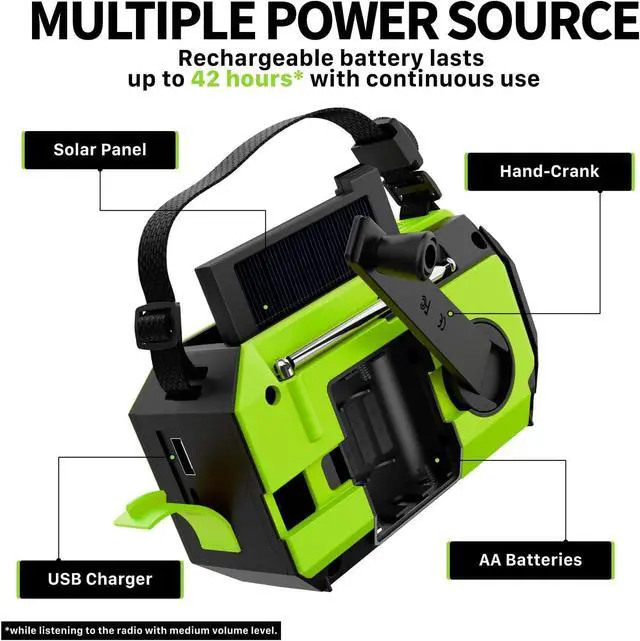 Alt view image 4 of 7 - NOAA Emergency Weather Radio A6 19240mWh Portable Power Bank, AM/FM, USB/Solar/Hand Crank Charging, Battery Operated, SOS Alarm & Flashlight for Indoor/Outdoor Emergency - Green