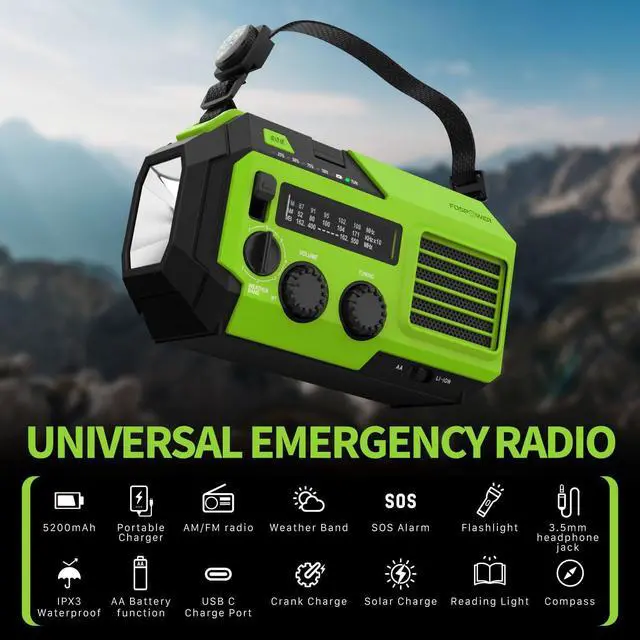 Alt view image 7 of 7 - NOAA Emergency Weather Radio A6 19240mWh Portable Power Bank, AM/FM, USB/Solar/Hand Crank Charging, Battery Operated, SOS Alarm & Flashlight for Indoor/Outdoor Emergency - Green