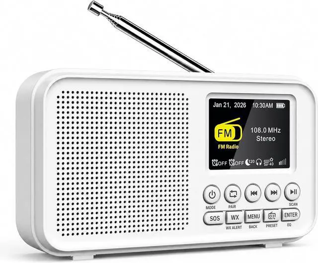 Main image of Portable FM Radio with 40 Presets, Bluetooth Radio with NOAA Weather Alert, 3000mAh Battery &USB Charging, Dual Alarms, Sleep Timer & MicroSD Playback Gift Radio for Home Bedside Travel