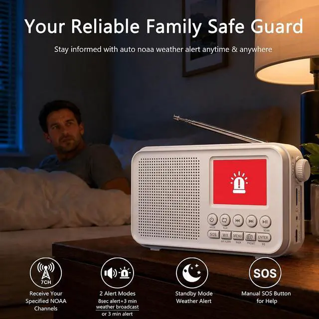 Alt view image 3 of 7 - Portable FM Radio with 40 Presets, Bluetooth Radio with NOAA Weather Alert, 3000mAh Battery &USB Charging, Dual Alarms, Sleep Timer & MicroSD Playback Gift Radio for Home Bedside Travel
