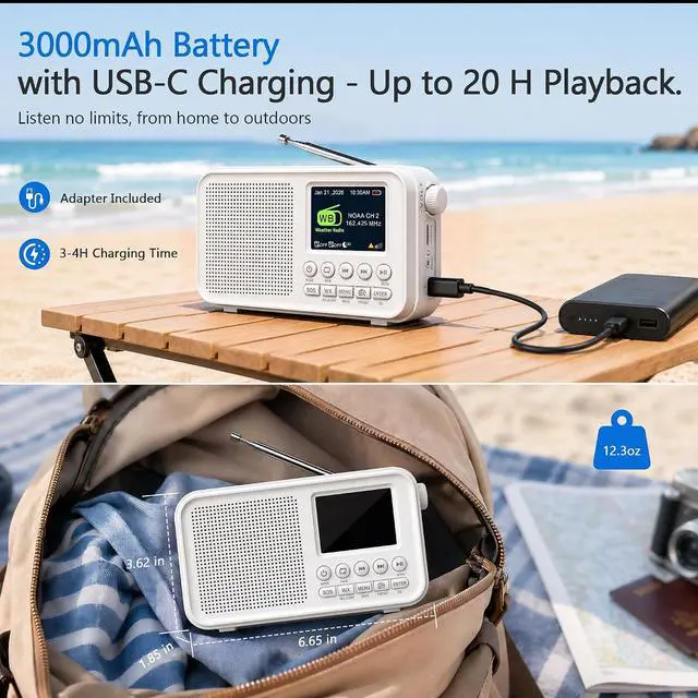 Alt view image 5 of 7 - Portable FM Radio with 40 Presets, Bluetooth Radio with NOAA Weather Alert, 3000mAh Battery &USB Charging, Dual Alarms, Sleep Timer & MicroSD Playback Gift Radio for Home Bedside Travel