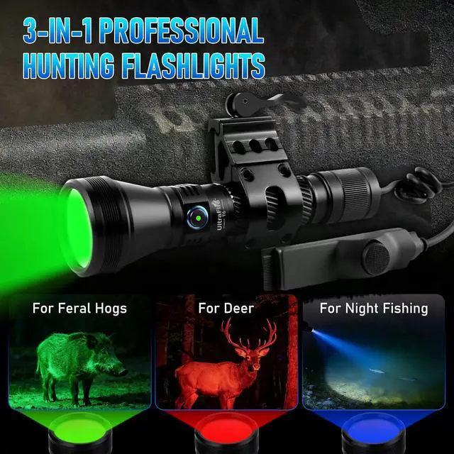 Alt view image 3 of 7 - T6 Red Green Hunting Light, 1800 Lumens 600 Yards Long Range Predator Flashlight for Coyote Varmint, High Power LED Night Hunting Gear with Picatinny Mount & Pressure Switch (RGB Filters)