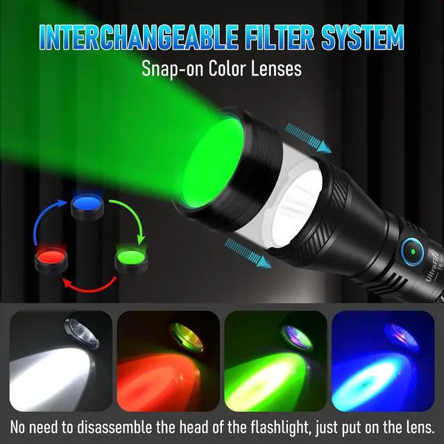 Alt view image 4 of 7 - T6 Red Green Hunting Light, 1800 Lumens 600 Yards Long Range Predator Flashlight for Coyote Varmint, High Power LED Night Hunting Gear with Picatinny Mount & Pressure Switch (RGB Filters)