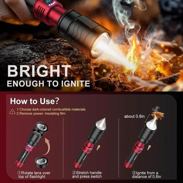 Alt view image 2 of 7 - Bright Flashlight with Ignition Lens&Yellow/Blue Light,3000lm Super Bright Rechargeable Flashlights High Lumens,Zoomable,Waterproof Tactical Flashlight for Camping,Outdoor &Gifts