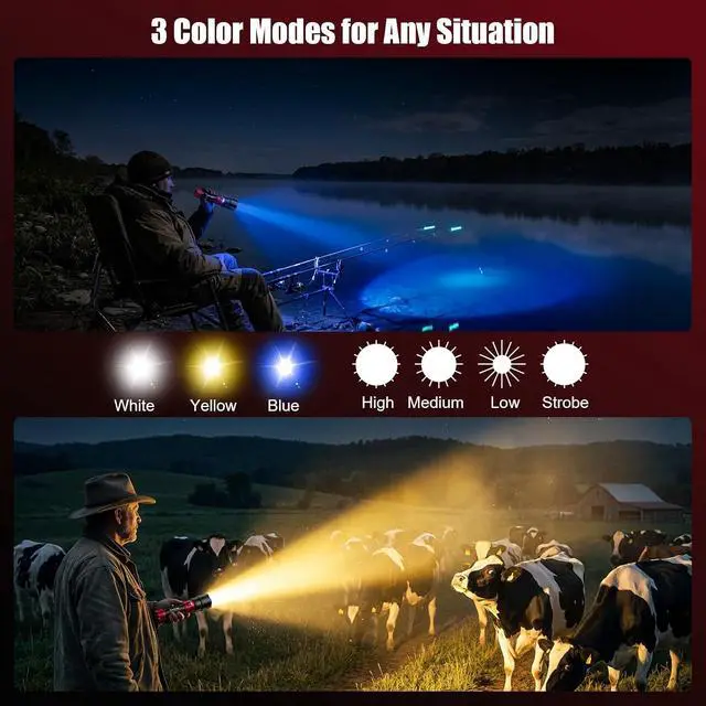 Alt view image 4 of 7 - Bright Flashlight with Ignition Lens&Yellow/Blue Light,3000lm Super Bright Rechargeable Flashlights High Lumens,Zoomable,Waterproof Tactical Flashlight for Camping,Outdoor &Gifts