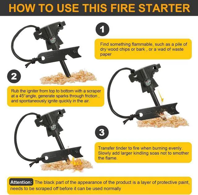 Alt view image 6 of 7 - 4.5Inch Magnesium Fire Starter Kit with Compass, Whistle, Striker, High Temp Magnesium Rod, Ferro Rod Fire Starter Survival Tool for Camping, Hiking and Emergency