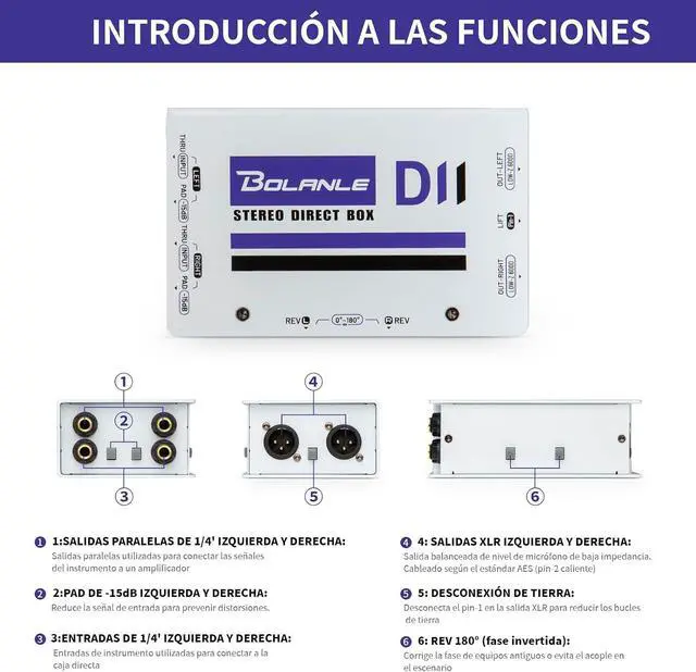 Alt view image 3 of 6 - D2 Premium Passive Stereo DI Box, 2 Channel Direct Box with -15dB Pad, Ground Lift & Polarity Switch, XLR Thru Output for Guitar, Bass, Keyboard, Live Stage, Church PA System