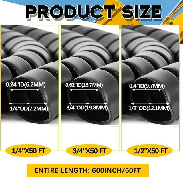 Alt view image 2 of 7 - 3 Pcs Spiral Wrap Cable Protector, Safe 1/4"+3/4"+1/2" Od x 50 FT Pre Cut Lengths Hydraulic Hose Protector Wrap to Avoid Wear and Extend Life for Hydraulic Pneumatic Hoses (Black)