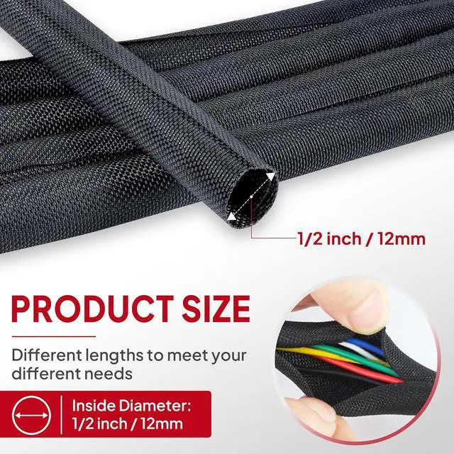 Alt view image 2 of 7 - Black Split Braided Cable Management Sleeves 1/2inch -30Feet