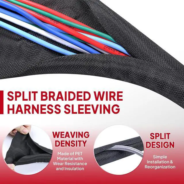Alt view image 3 of 7 - Black Split Braided Cable Management Sleeves 1/2inch -30Feet