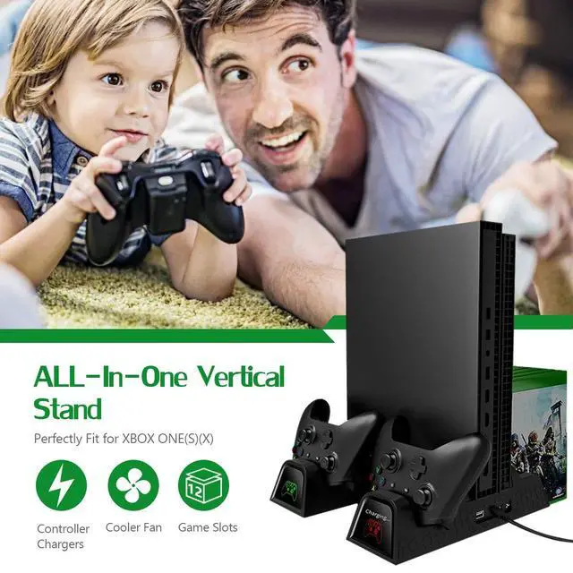 Alt view image 7 of 7 - Cooling Stand for Xbox One/One S/One X, Vertical Charging Station with 2 Pack 600mAh Batteries, Games Storage, Dual Controller Charging Station