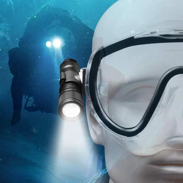 Alt view image 2 of 7 - D560 Mini Scuba Dive Light with 360° Rotatable Mask Clip, Black