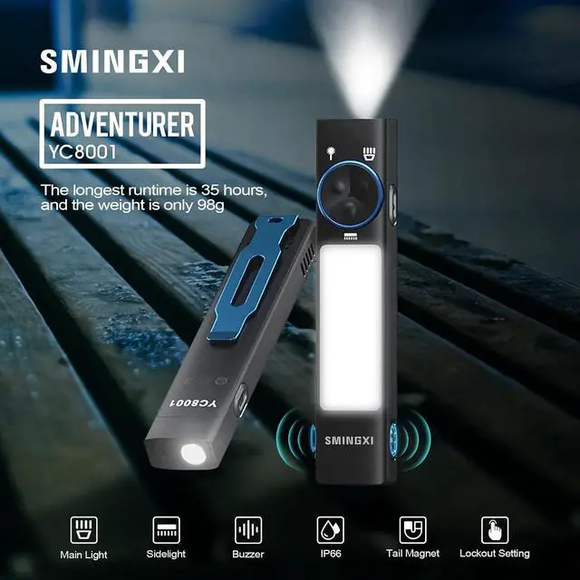 Alt view image 2 of 7 - 1000 Lum Flat EDC Flashlight Rechargeable,395nm UV, COB Work Light