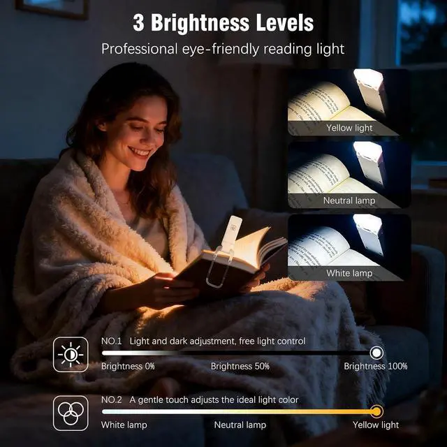 Alt view image 3 of 7 - 12 Pack Reading Light,Rechargeable Book Light for Reading in Bed, Eye Caring 3 Color Temperatures,Compact Size Clip on Book Lamp for Book Lovers Kids AdultsMulticolor