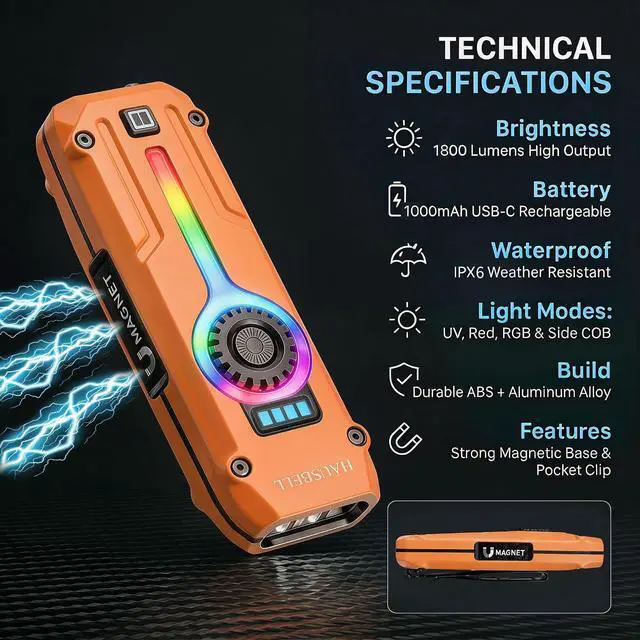 Alt view image 3 of 7 - 2PCS Flat EDC Rechargeable Tactical Flashlight UV Magnetic small Work light
